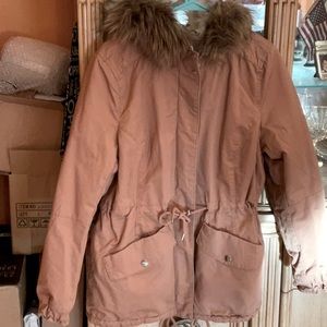 H&M Divided pink puffer jacket with fur feather trim hood , size 8.